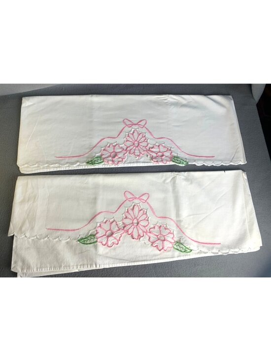 Other - Vintage Pillowcases Pair Pink Floral Embroidered Scalloped Edges Cotton Standard